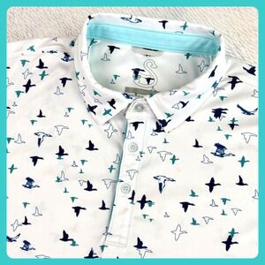 Swannies Drilformance Golf Polo Mens Large White Blue Bird Print Recycled Poly